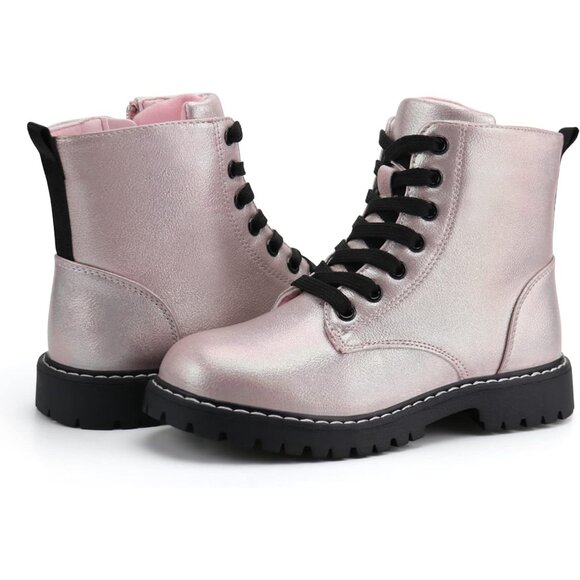Kids Pink Ankle Boots Boys Girls Side Zipper Lace Up Work Boots Combat Boots - Picture 4 of 7